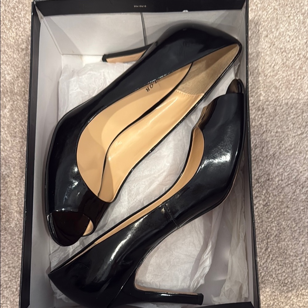 Ann Taylor Glossy Black Peep-Toe Heels
